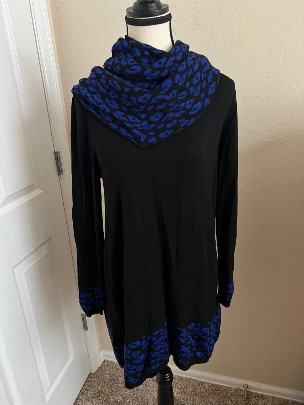 Black Cowl-Neck Sweater Dress with Blue Leopard Trim
